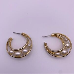 C Hoop Gold Toned Faux Pearl Earrings